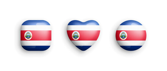 Costa Rica Official National Flag 3D Vector Glossy Icons In Rounded Square Heart And Circle Shapes Isolated On White. Costa Rican Sign And Symbols Graphic Design Elements Volumetric Buttons Collection