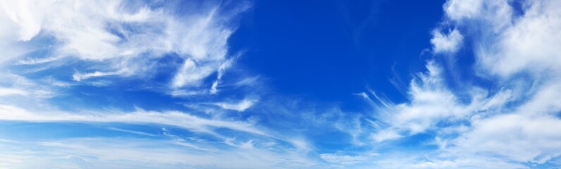 White сirrus clouds clear blue sky panorama background, cirrostratus cloud, fluffy cumulus clouds, cloudy skies texture, cloudscape backdrop, sunny heaven, cloudiness weather, ozone layer, copy space