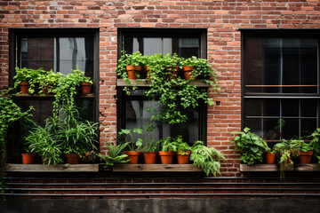 Fototapeta na wymiar Botanical Oasis Amidst Bricks: Explore a close-up shot, emphasizing the contrast between the greenery in window boxes and the surrounding urban textures.