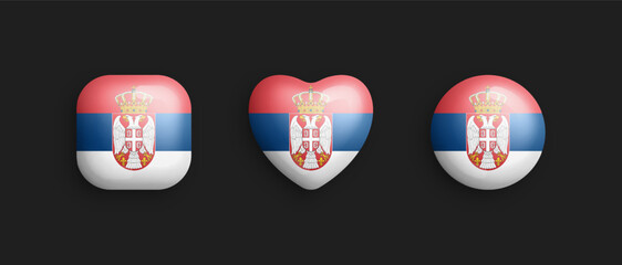Serbia Official National Flag 3D Vector Glossy Icons In Rounded Square, Heart And Circle Shape Isolate On Background. Serbian Sign And Symbol Graphic Design Elements Volumetric Buttons Collection