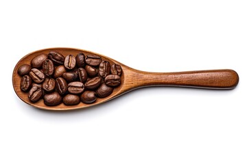 Obraz premium Coffee beans on wooden scoop isolated on white background. Generative AI.