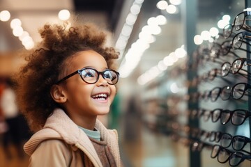 Happy kid chooses glasses in an optics store. Vision care concept. Generative AI. - obrazy, fototapety, plakaty