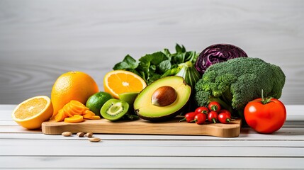 Various vegetables and fruit are high sources of vitamin C on wooden board