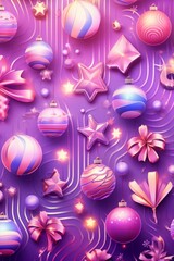 Christmas decorative concept, top view Illustration with colorful bauble ornaments, stars and festive Christmas background . Generative AI
