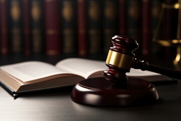 Wooden gavel and law book on wooden table. Justice concept.

 Generative AI