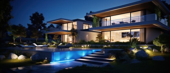 Fototapeta na wymiar Design modern house exterior with garden and pool at night