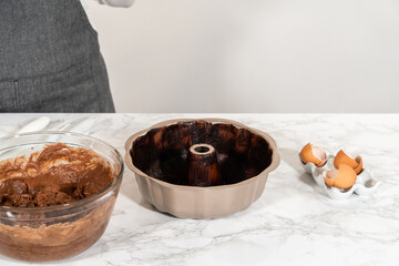 Batter to Pan - Chocolate Bundt Cake Preparation