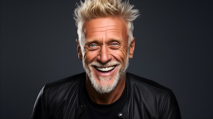 Obraz premium Radiant mature man with a trendy blond hairstyle and blue eyes smiling warmly in a black leather jacket