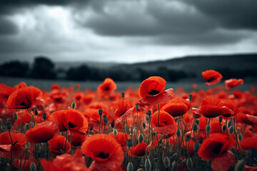 The red poppies in the fields are very bright. Veterans day - obrazy, fototapety, plakaty
