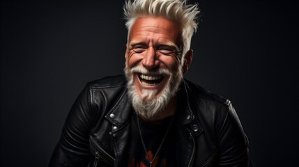 Obraz premium Laughing biker in 50s laughing heartily, with cool, spiked hair and leather jacket