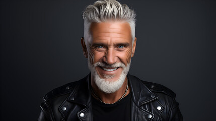 Portrait of a mature biker with grey hair and leather jacket - obrazy, fototapety, plakaty