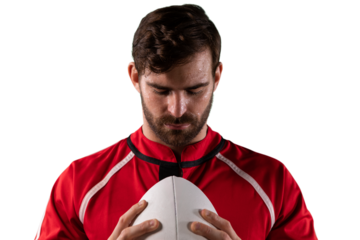 Digital png photo of caucasian male rugby player with ball on transparent background
