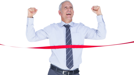Digital png photo of happy caucasian businessman with hands up on transparent background