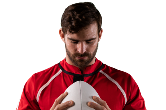 Digital png photo of caucasian male rugby player with ball on transparent background