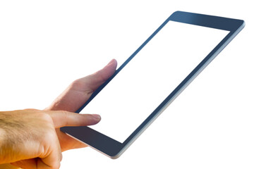 Digital png photo of hands of caucasian man using tablet on transparent background