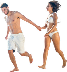 Digital png photo of happy caucasian couple in swimsuits holding hands on transparent background