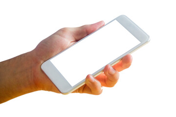 Digital png photo of hand of caucasian man with smartphone on transparent background