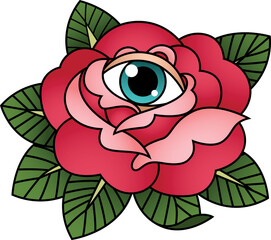 Digital png illustration of pink rose with blue eye and green leaves on transparent background