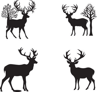 Collection of black deer icons. Deer simple icon on white background