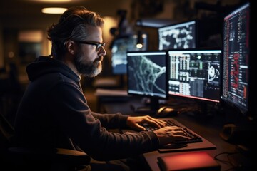 Focused Software Developer Programming in a Dark Room with Multiple Screens