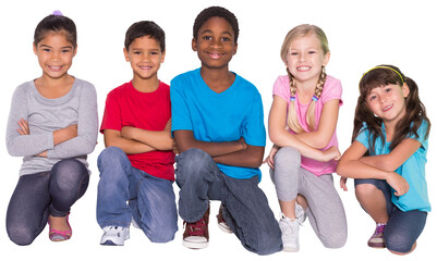 Digital png photo of happy diverse children kneeling and smiling on transparent background