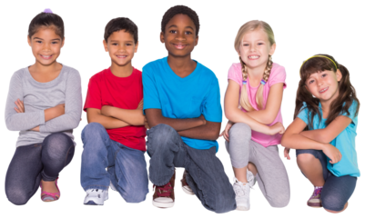Digital png photo of happy diverse children kneeling and smiling on transparent background