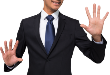 Digital png photo of happy biracial businessman raising hands on transparent background