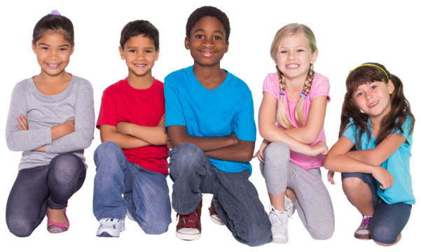 Digital png photo of happy diverse children kneeling and smiling on transparent background