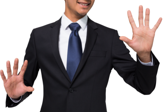 Digital png photo of happy biracial businessman raising hands on transparent background
