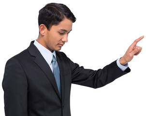 Digital png photo of focused biracial businessman pointing finger on transparent background