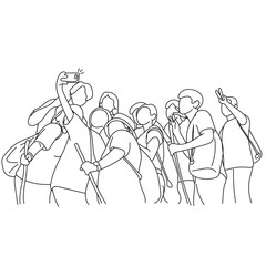 trekking people taking selfie picture together illustration vector hand drawn isolated on white background