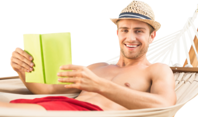 Digital png photo of happy caucasian man in beachwear lying on hammock on transparent background