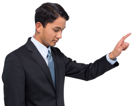 Digital png photo of focused biracial businessman pointing finger on transparent background