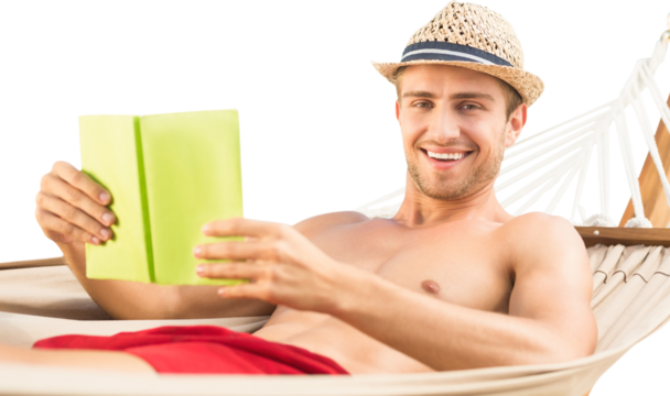 Digital png photo of happy caucasian man in beachwear lying on hammock on transparent background - Powered by Adobe
