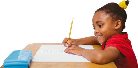 Digital png photo of happy african american schoolgirl writing on transparent background - obrazy, fototapety, plakaty