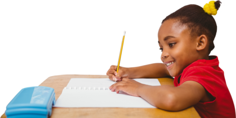 Digital png photo of happy african american schoolgirl writing on transparent background