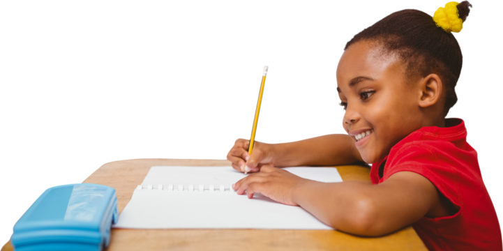 Digital png photo of happy african american schoolgirl writing on transparent background