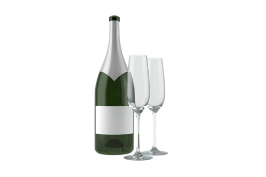 Digital png illustration of bottle of champagne and glasses on transparent background