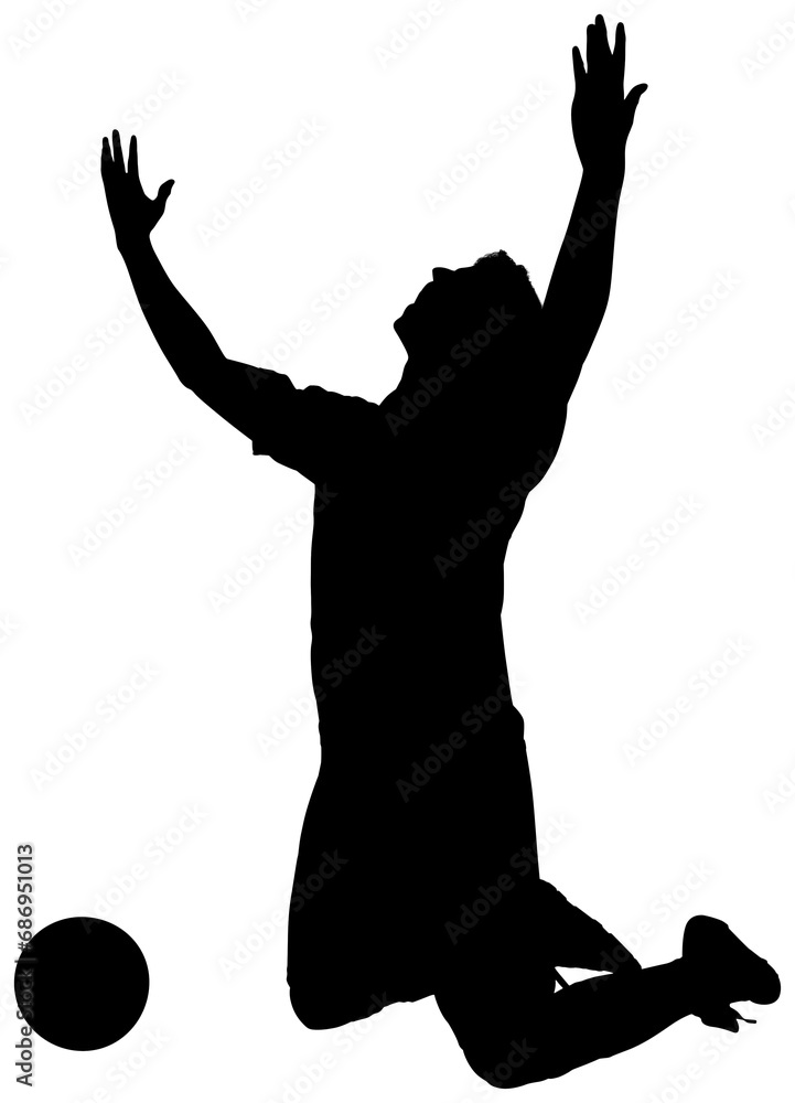 Wall mural Digital png illustration of silhouette of happy male footballer with ball on transparent background