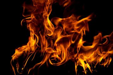Fire flames isolated on black background. Fire burn flame isolated, flaming burning art design concept with space for text.