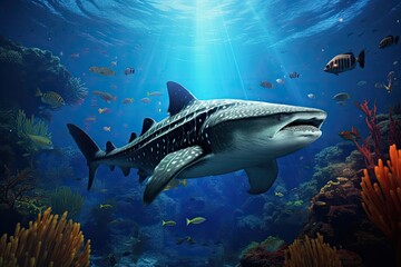Shark swimming in deep blue sea. Underwater world. 3D rendering, Whale shark and school of sharks...