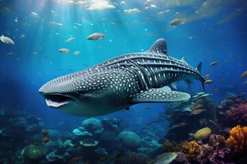 Fototapeta premium Whale shark in coral reef. Underwater world. 3d render, Whale shark and school of sharks in a deep blue ocean, AI Generated