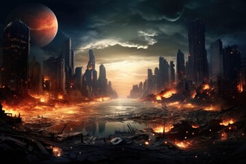 Fractal scene with city destroyed by fire. 3d rendering, what will happen to the world in the next...