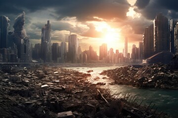 City destroyed by the earthquake. Collage. 3D rendering, what will happen to the world in the next year, AI Generated