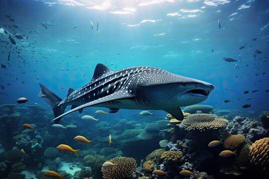 Whale shark swimming in the coral reef. 3d illustration, Whale shark and school of sharks in a deep blue ocean, AI Generated