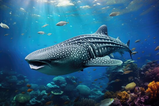 Whale shark in coral reef. Underwater world. 3d render, Whale shark and school of sharks in a deep blue ocean, AI Generated