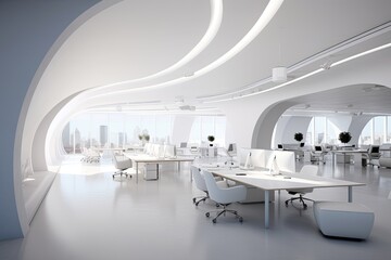 3d Illustration of a modern open space office with white walls, White open space office interior, AI Generated