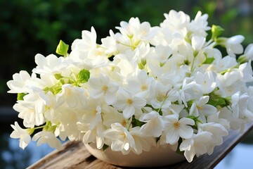Beautiful jasmine flowers in bowl on table, closeup, White jasmine flowers fresh flowers natural,...