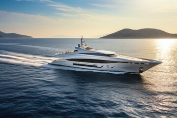Yacht in the sea at sunset. Luxury yacht. 3d rendering, White superyacht at sea, AI Generated