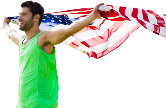 Digital png photo of happy caucasian sportsman with flag of united states on transparent background
